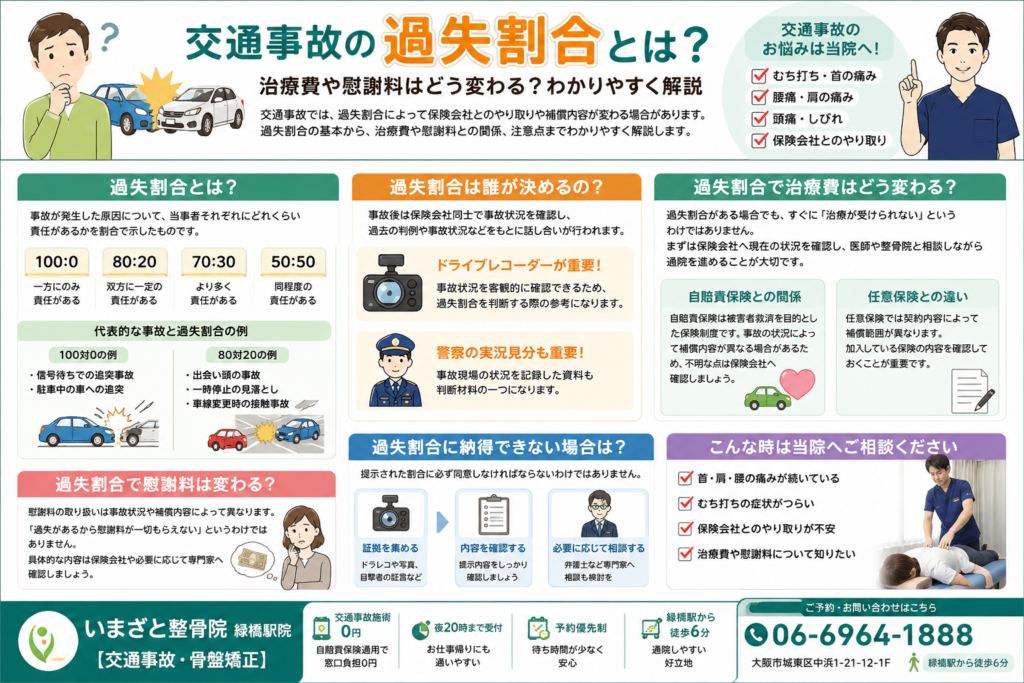 交通事故の過失割合の決まり方や治療費・慰謝料への影響、保険会社とのやり取り、過失割合に納得できない場合の対応を分かりやすく解説したインフォグラフィック。大阪市城東区のいまざと整骨院 緑橋駅院【交通事故・骨盤矯正】が交通事故治療をサポートしています。