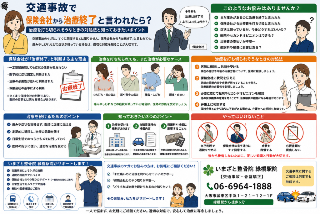 交通事故で保険会社から治療終了と言われた場合の対処法や治療継続のポイント、医師への相談、転院やセカンドオピニオン、やってはいけない行動について分かりやすく解説したインフォグラフィック。大阪市城東区のいまざと整骨院 緑橋駅院が交通事故治療をサポートしています。