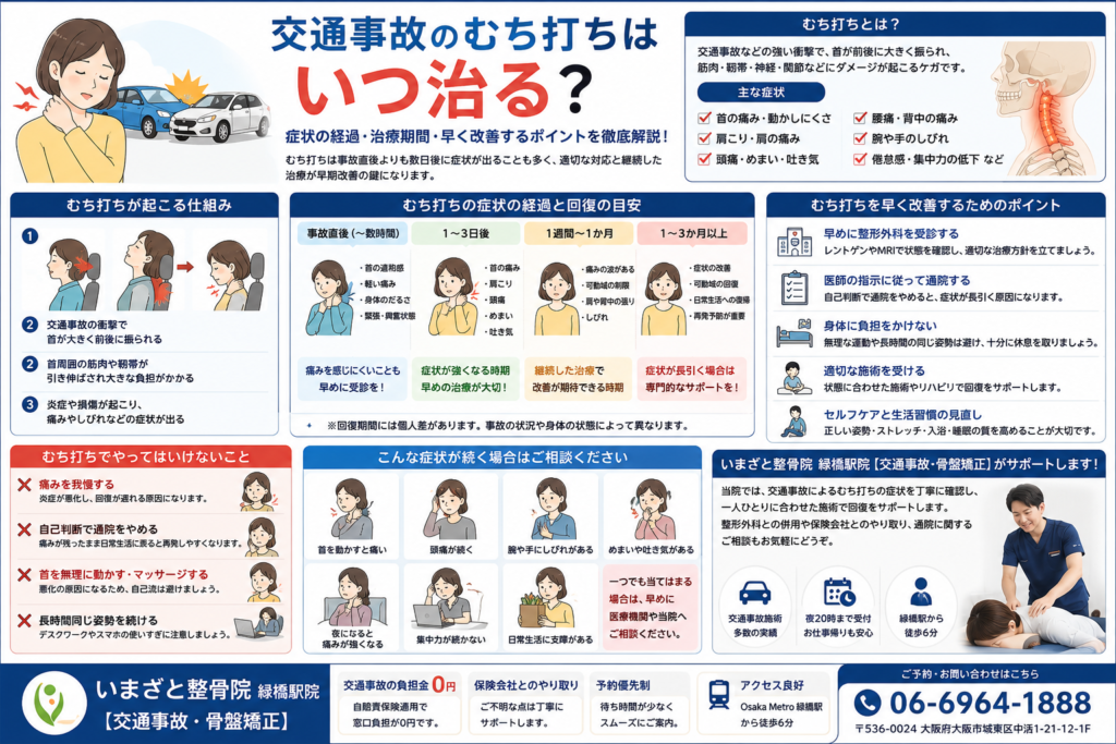 交通事故によるむち打ちの症状や治療期間、症状の経過、早く改善するためのポイント、やってはいけないことを分かりやすく解説したインフォグラフィック。大阪市城東区のいまざと整骨院 緑橋駅院【交通事故・骨盤矯正】が交通事故後の首の痛みやむち打ちの通院をサポートしています。