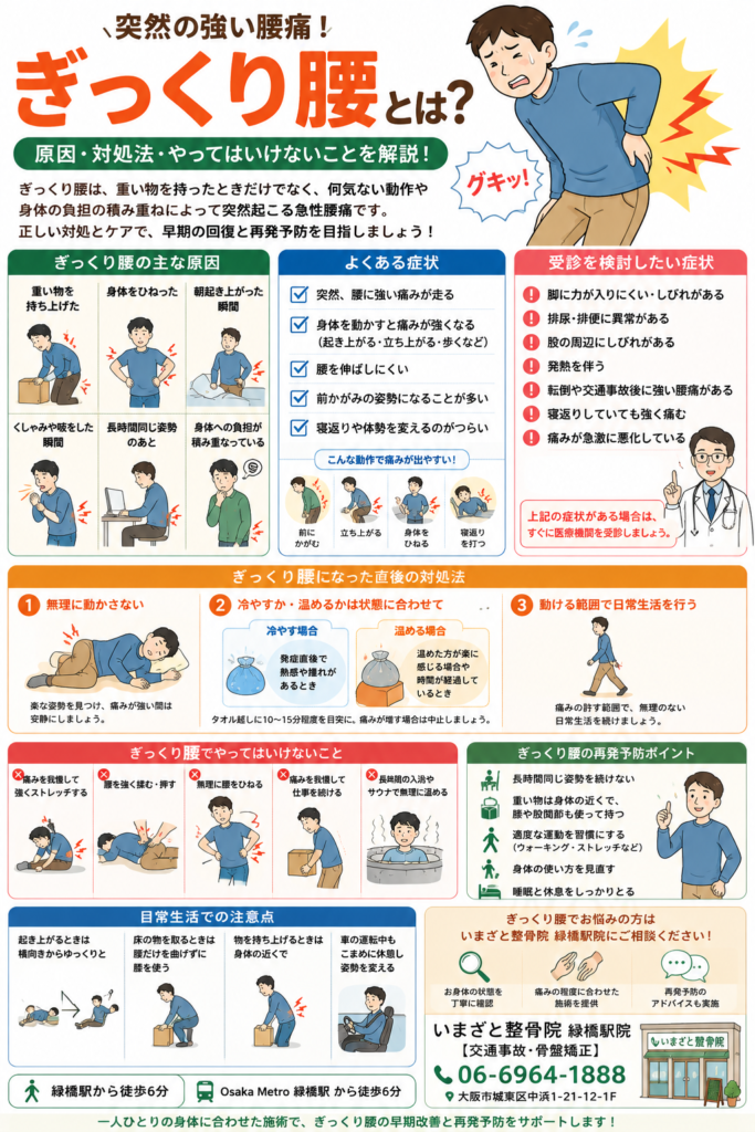 ぎっくり腰の主な原因や発症直後の対処法、やってはいけないこと、再発予防をイラストで解説した画像