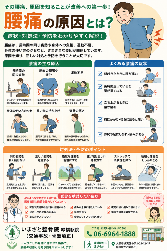 腰痛の主な原因や症状、対処法、日常生活での予防ポイントをイラストで解説した画像｜いまざと整骨院 緑橋駅院【交通事故・骨盤矯正】