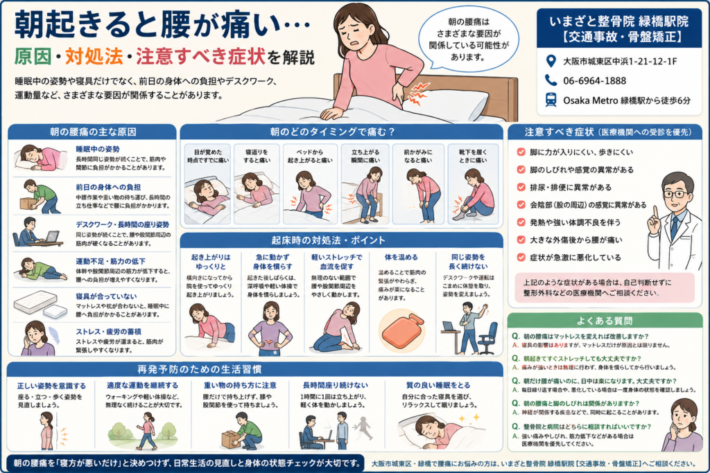 朝起きると腰が痛い原因や起床時の対処法、注意すべき症状、再発予防をイラストで解説した画像